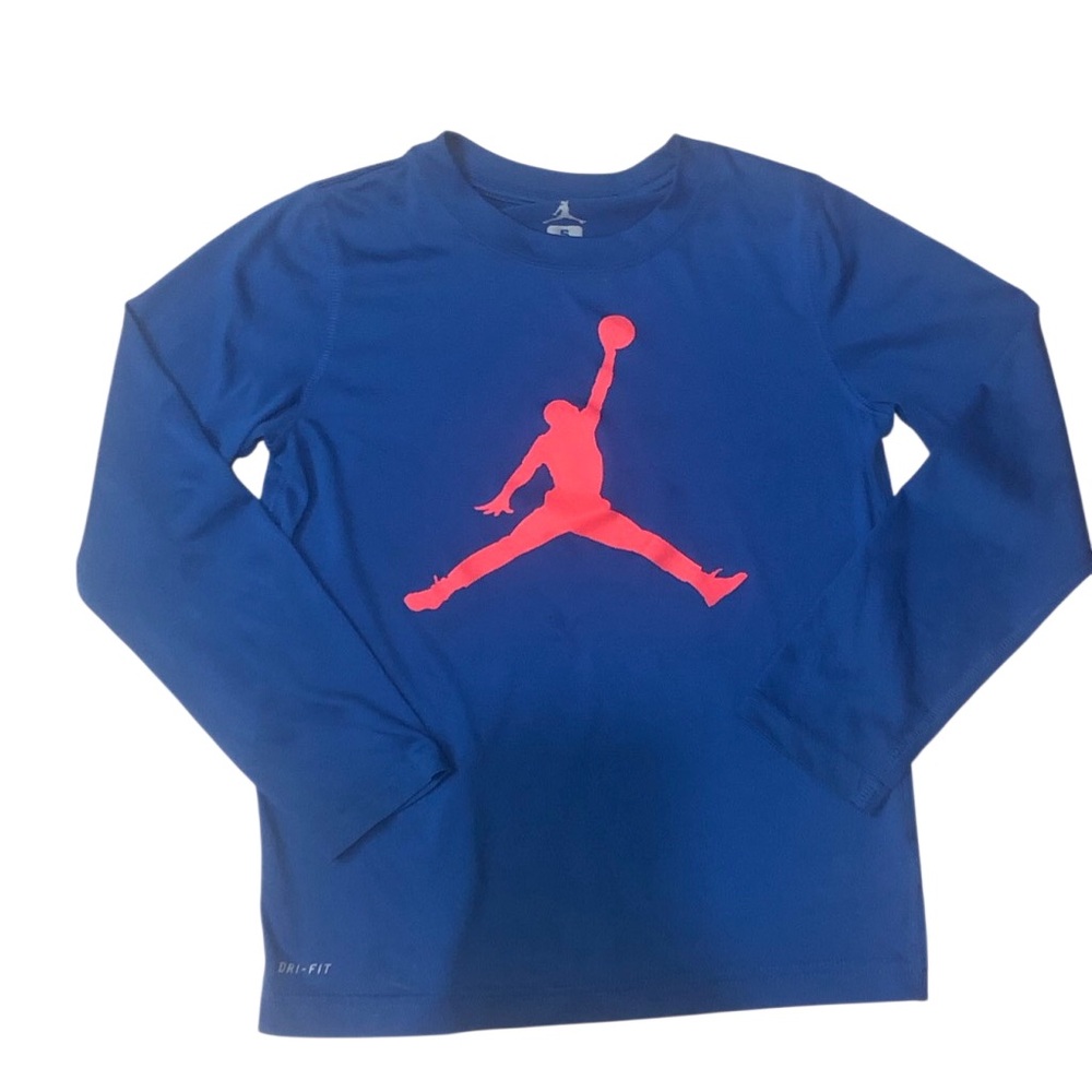 Jordan Kids Long Sleeve Tee in Blue with Red Logo